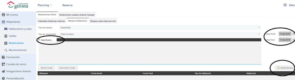 Bloquear disponibilidad del establecimiento
